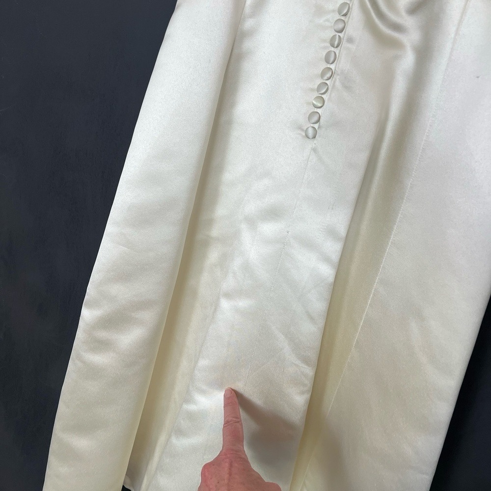 Womens Bridal Gown Cream Tea Length Satin Pleated Waist Elegant Minimalist Luxe - Picture 15 of 16